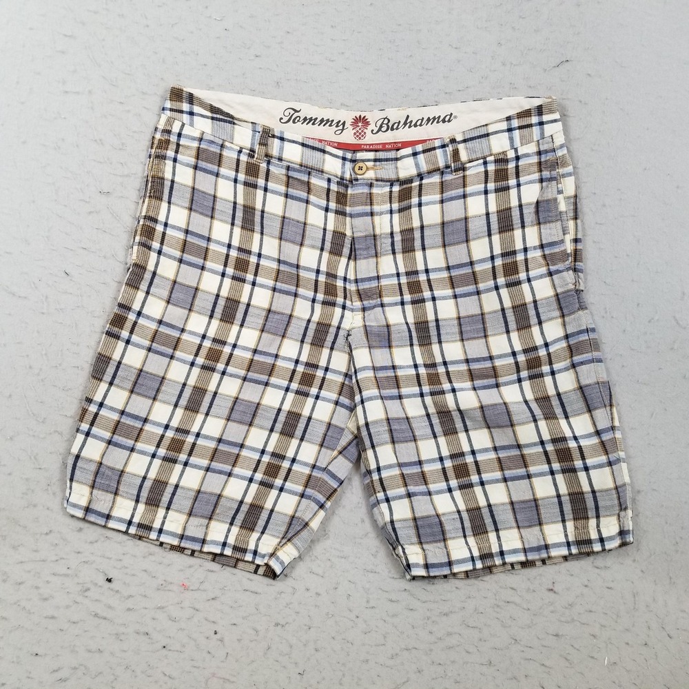 Tommy Bahama Shorts Mens 38 Beige Plaid Linen Tencel Chino 10 Inseam Casual